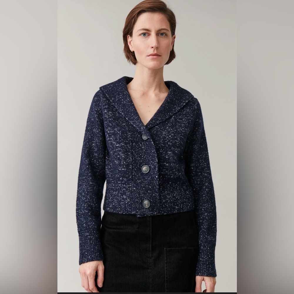 COS Sailor Collar Cardigan Wool Blend Speckle Blue , size XS